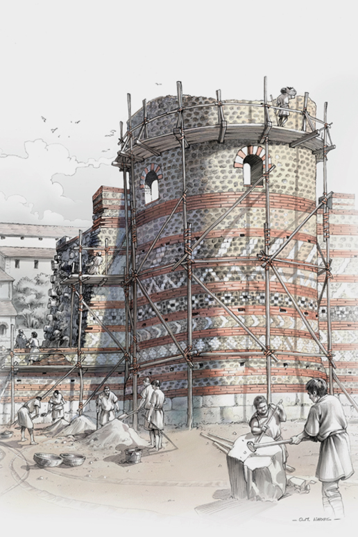 Dessin représentant la construction de l'Enceinte Romaine du Mans, illustrant l'exposition "Au pied du mur, l'enceinte romaine du Mans