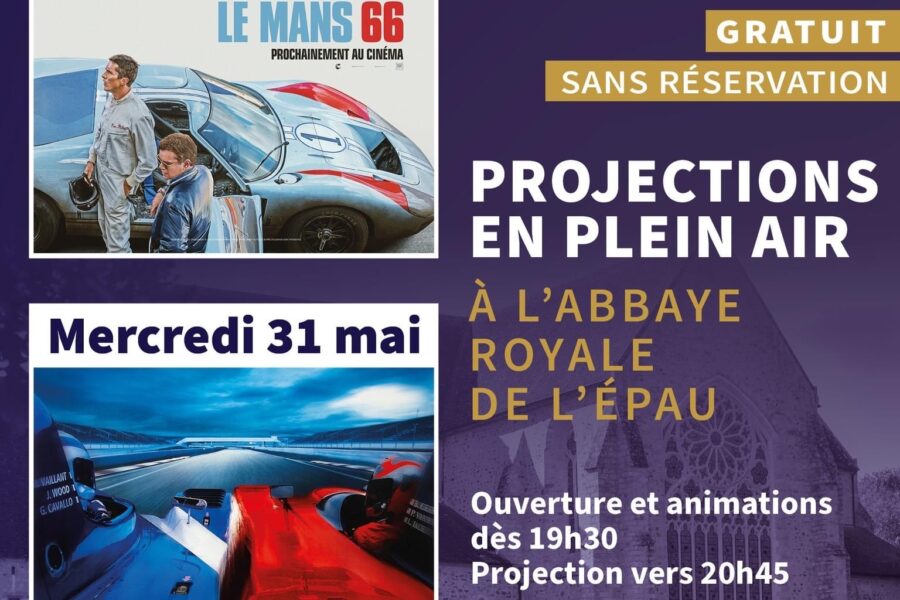 Visuel annonçant la projection des films « Le Mans 66 » et « Michel Vaillant » à l’Abbaye Royale de l’Épau, avec le département de la Sarthe, dans le cadre des 100 ans des 24 heures du Mans