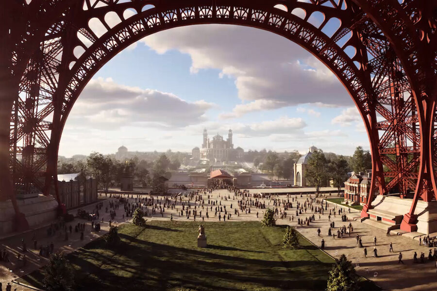 Une image illustrant l’expérience immersive en réalité virtuelle Paris Time Travel proposée par la Tour Montparnasse. L’image montre la Tour Eiffel pendant l'exposition universelle de 1889, telle qu’elle apparaît dans le casque de réalité virtuelle, vue depuis la Tour Montparnasse.