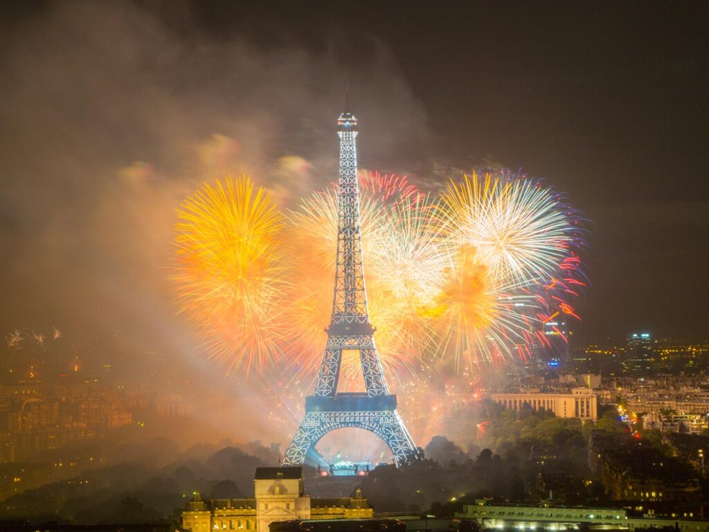 Vue de la Tour Eiffel et des feux d'artifice du 14 juillet 2018 depuis la terrasse de la Tour Montparnasse